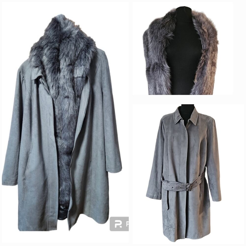 HALSTON Microfiber Zipper Coat with Matching Faux Fur Scarf Wrap